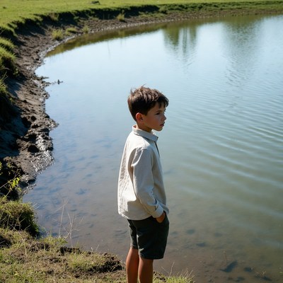 Boy standing by pond edge