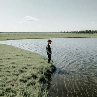 Man standing by grassy lake edge