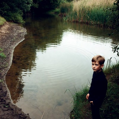 Boy standing by riverbank