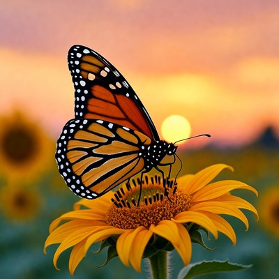 Monarch Butterfly on Sunflower at Sunset