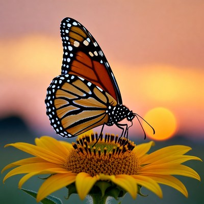 Monarch Butterfly on Sunflower at Sunset