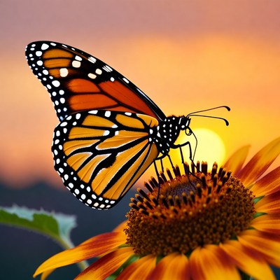 Monarch Butterfly on Sunflower at Sunset