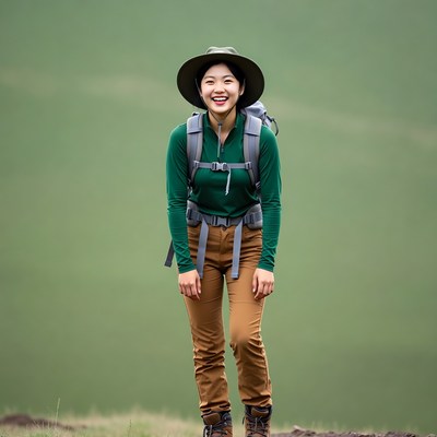 Asian woman hiker in green hills