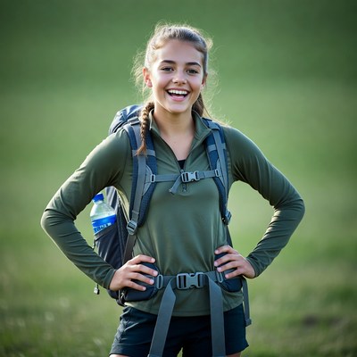 Smiling girl hiker with backpack outdoors