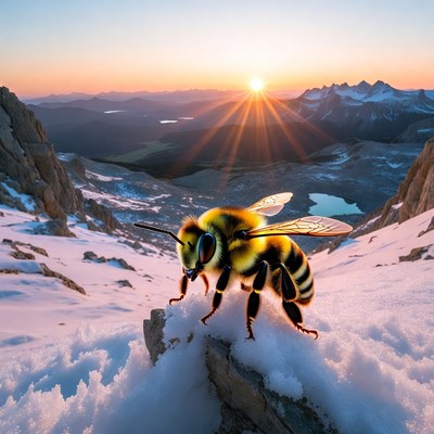 Bumblebee on snowy mountain sunset