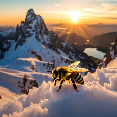 Honey Bee on Snowy Mountains at Sunset