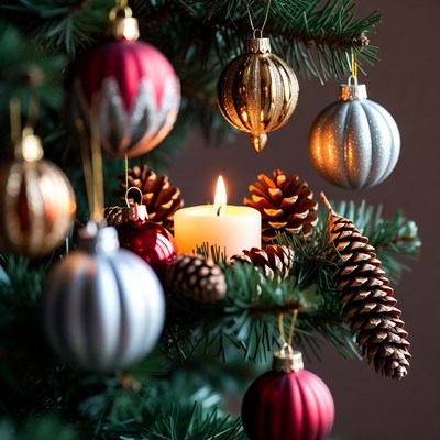 Christmas tree with ornaments and candle