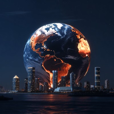 Earth Globe Over Night City Skyline