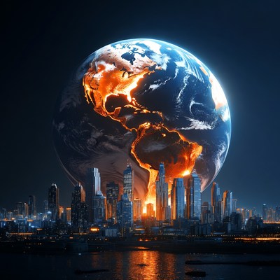 Burning Earth Over Futuristic City