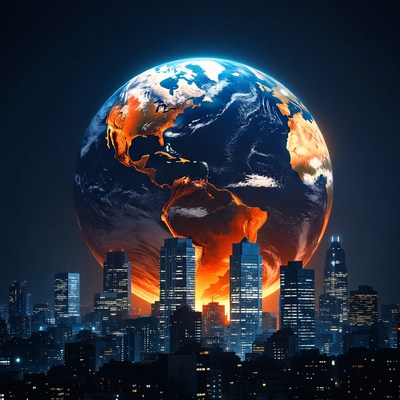 Earth Rising Over City Skyline