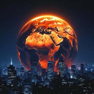 Fiery Earth Over Night City Skyline