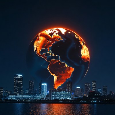 Glowing Earth over Night City Skyline