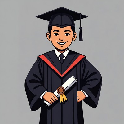 Asian boy in graduation gown holding diploma