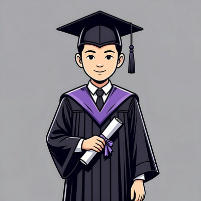 Asian boy in graduation gown with diploma