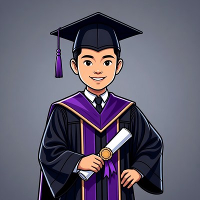 Asian boy in graduation gown with diploma