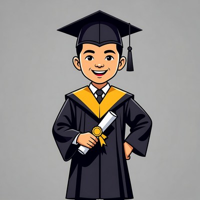 Asian boy in graduation gown with diploma