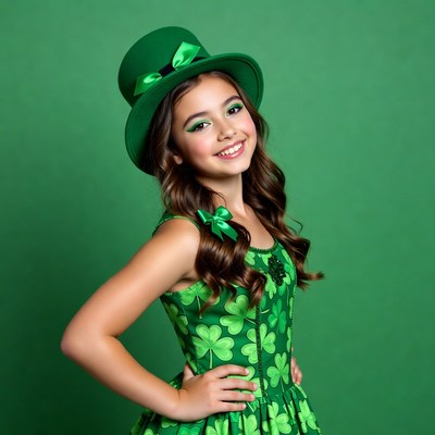 Girl in green shamrock dress and leprechaun hat