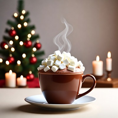 Hot Cocoa with Marshmallows and Christmas Tree