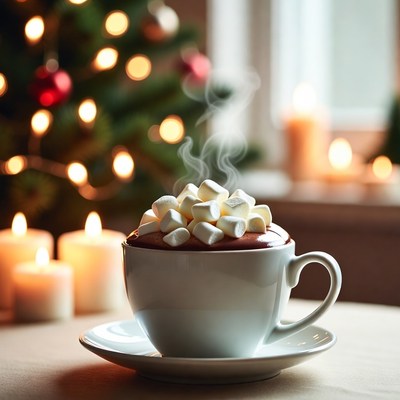 Hot Chocolate with Marshmallows and Christmas Tree