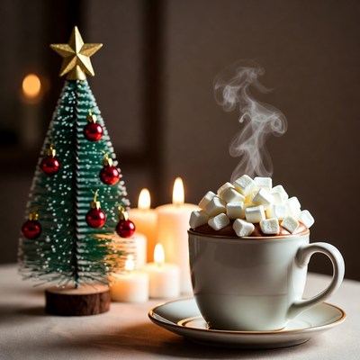 Hot Cocoa with Marshmallows and Christmas Tree
