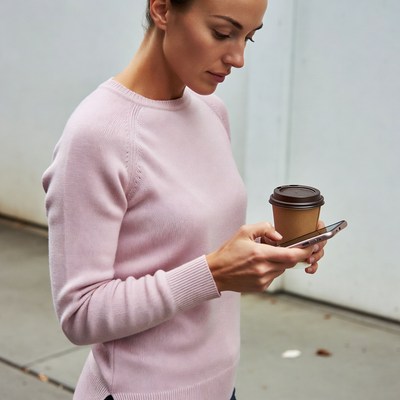 Woman holding coffee checking phone