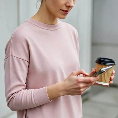 Woman holding coffee checking phone