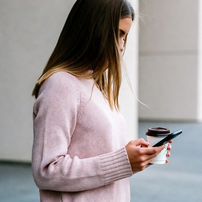 Woman holding coffee cup and phone