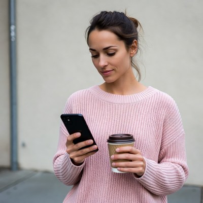 Woman checking phone holding coffee
