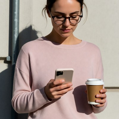 Woman checking phone holding coffee