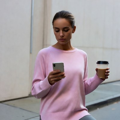 Woman checking phone holding coffee