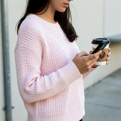 Woman holding coffee checking phone