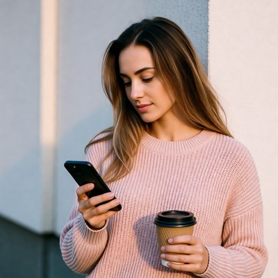 Woman checking phone holding coffee