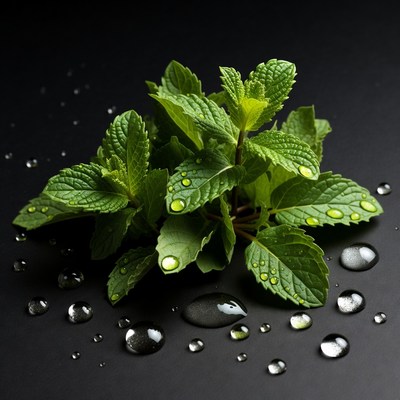 Fresh Mint Leaves with Water Droplets