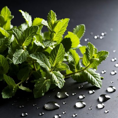 Fresh Mint Leaves with Water Droplets