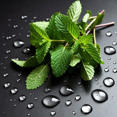 Fresh Mint Leaves with Water Droplets