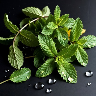 Fresh Mint Leaves with Water Droplets