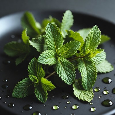 Fresh Mint Leaves on Black Plate