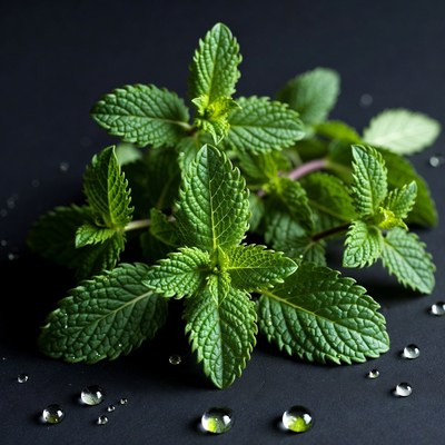 Fresh Mint Leaves with Water Droplets