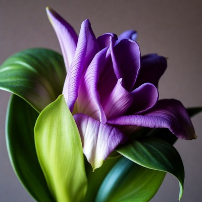 Purple Amaryllis Flower with Green Leaves