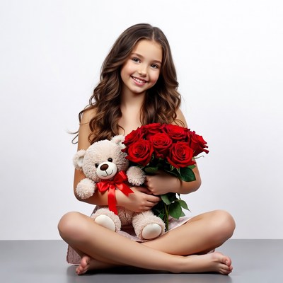 Girl holding teddy bear and red roses
