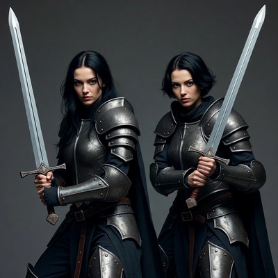 Two women warriors in armor with swords