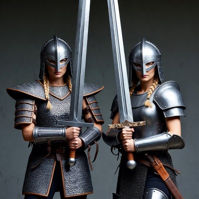 Two Viking women holding swords