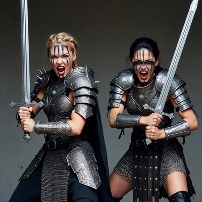 Two fierce women warriors with swords