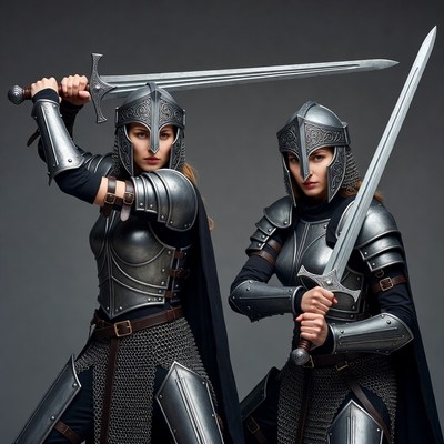 Two women warriors holding swords