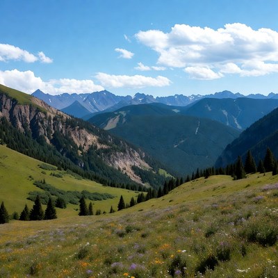 Mountain Valley with Wildflowers and Pine Trees