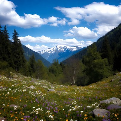 Snowy Mountain Valley with Wildflowers