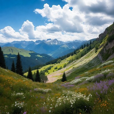 Mountain Valley with Wildflowers and Meadows
