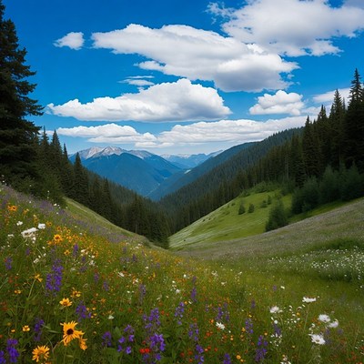Mountain Valley with Wildflowers and Pine Trees