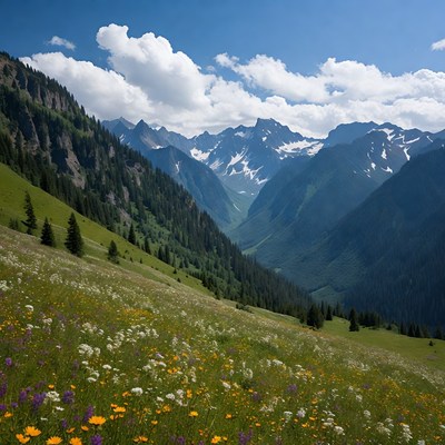 Mountain Valley with Wildflowers and Forests