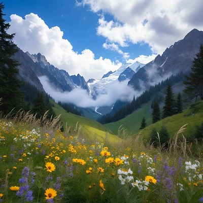 Mountain Valley with Glacier and Wildflowers
